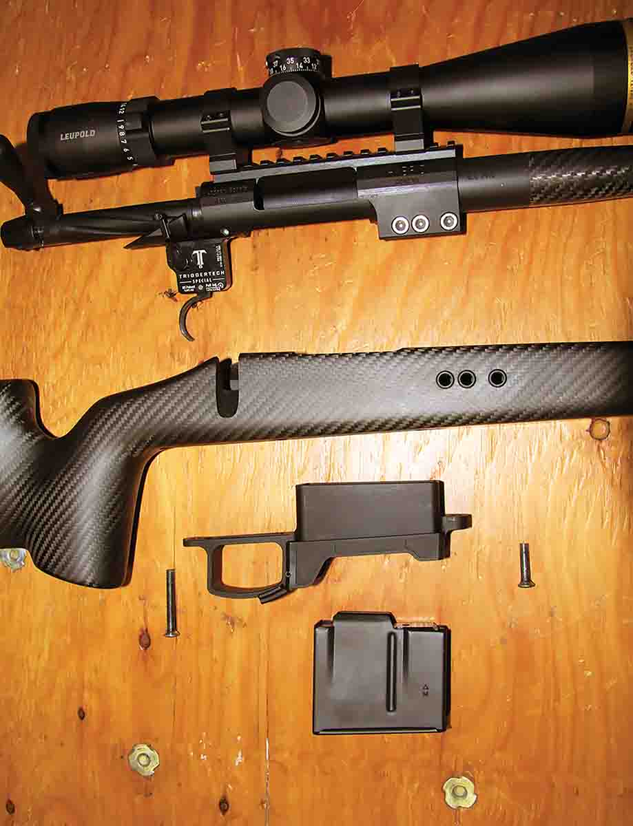 Disassembly shows some of the Hardy Rifle’s unique features, including the barrel-locking block/recoil lug, the premium Triggertech Trigger and the one-piece aluminum trigger guard and magazine well.